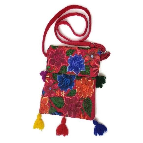 Handcrafted Floral Embroidered Crossbody Bag Pom Tassels zip closure festival - Picture 6 of 8